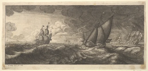 Eine Yacht und drei Kriegsschiffe in einem Sturm, 1665