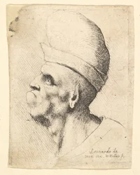 Büste eines deformierten Mannes mit einem knolligen Hut im Profil nach links, 1625-77