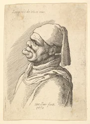 Büste eines deformierten Mannes mit Hut und dicker, hervorstehender Unterlippe im Profil nach links, 1625-77