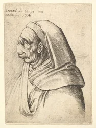 Büste eines Mannes mit kleiner Stupsnase und sehr hoher Oberlippe, mit Kapuze, im Profil, 1666