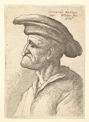 Büste eines älteren Mannes mit einer Nase, die seine Unterlippe trifft, mit breitem flachem Hut im Profil, 1665