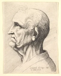 Kopf eines alten Mannes mit Locken um das Ohr im Profil nach links, 1644-52