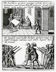 Soldaten zerstören religiöse Bilder in einer Kirche; englische und schottische Soldaten umarmen sich