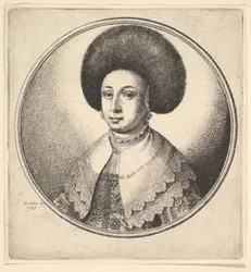 Frau mit großem rundem Pelzhut und Ohrringen, 1645