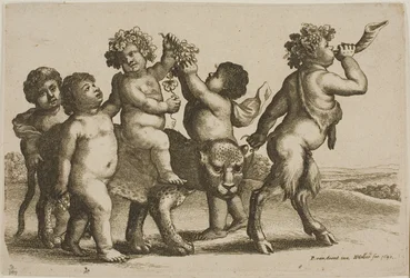 Junger Bacchus reitet auf einem Leoparden, geführt von einem Satyr, der ein Horn bläst