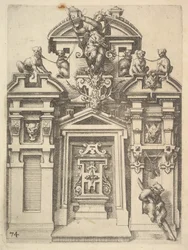 Entwurf für eine architektonische Struktur mit Jagdmotiv, Platte 74 aus Dietterlins Ar..., 1598