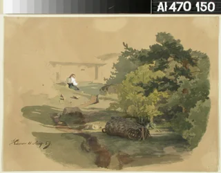 Landschaft mit Schindelkorb und sitzender Frau