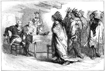 Besuch von Pontiac und den Indianern bei Major Gladwin, 1763, ca. 1880