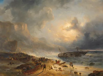 Schiffswrack an einer felsigen Küste