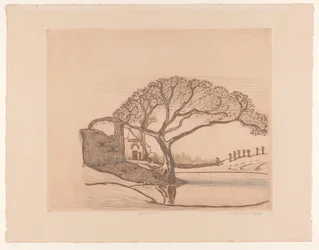 Häuser, Baum am Teich und Frauen mit Wasserkrügen auf dem Kopf