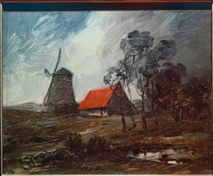 Herbstlandschaft mit Windmühle und rotem Haus