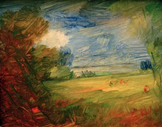 Hügelige Wiesenlandschaft mit roter Figur