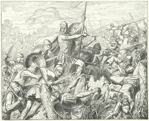 Arnulf von Kärnten stürmt die normannischen Verteidigungen am Fluss Dyle, 891 (Gravur)