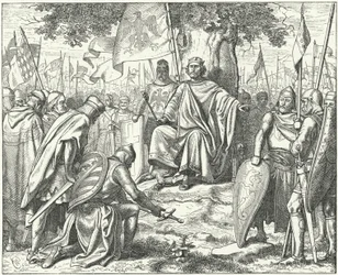Unterwerfung der sächsischen Fürsten vor dem Heiligen Römischen Kaiser Heinrich IV. in Spira nach ihrer Niederlage in der Schlacht bei Langensalza