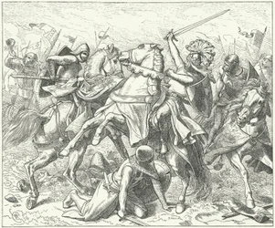 Der rebellische Herzog Rudolf von Schwaben tödlich verwundet in der Schlacht an der Elster