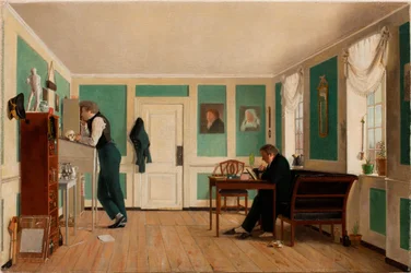 Innenraum von Amaliegade, Kapitän Carl Ludvig Bendz stehend und Dr. Jacob Christian Bendz sitzend