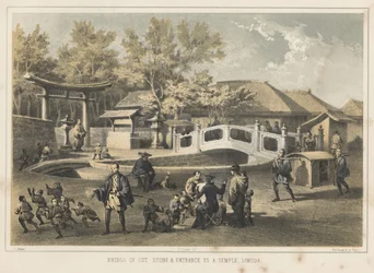 Steinbrücke und Eingang zu einem Tempel in Simoda (1855)