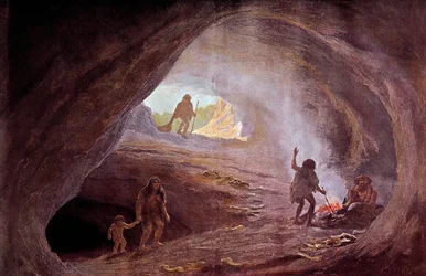 Prähistorie: Höhlen während der Eiszeit. Nach einem Gemälde von W. Kranz, 20. Jahrhundert