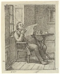 Ein dicker Herr, der Zeitung liest, mit seinem Kaffee