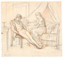 Innenraum mit melancholischem jungen Mann und einem Mädchen auf einem Bett
