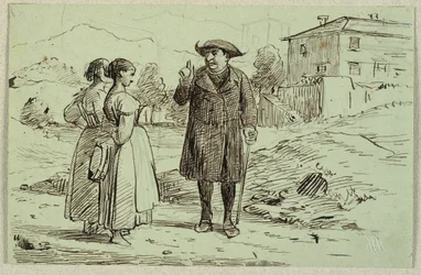 Italienische Szene mit zwei Frauen und einem Pater
