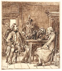 Szene aus Barselsstuen. Corfitz trinkt Rheinwein mit dem Offizier und Jens Olsen