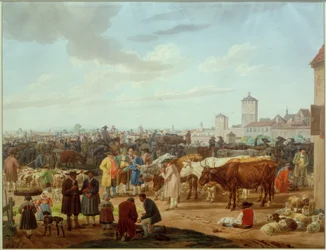 Viehmarkt am Rande einer Stadt
