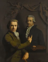 Selbstporträt, zeigt auf ein Porträt des verstorbenen Kollegen Dirk Jacobsz Ploegsma (1769-91)