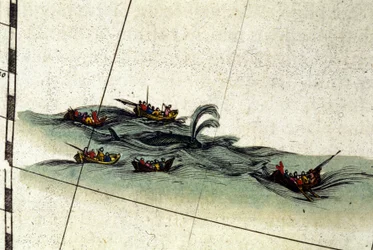 Bretonische Fischer jagen den Wal mit der Handharpune. Detail aus William Blaeus Atlas, gedruckt in Amsterdam 1665