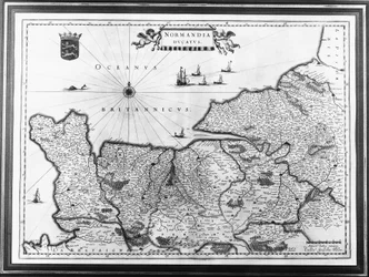 Karte der Normandie nach einer Illustration aus Theatrum Orbis Terrarum sive Atlas Novus von Willem und Joan Blaeu, Tafel darstellend Normandia Ducatus