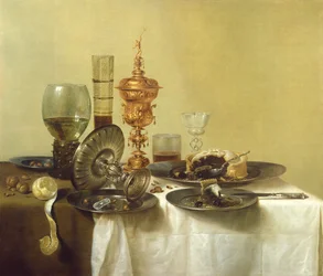 Stillleben mit Gläsern, Tellern und Speisen, 1638