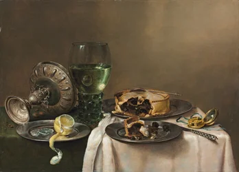 Prunkstillleben mit einem Römer, einer umgedrehten Silberschale, einer halb geschälten Zitrone auf einem Zinnteller, mit einer Pastete, einer Uhr und einem Messer