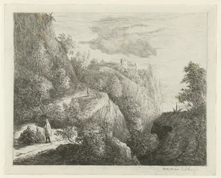 Berglandschaft mit ruhenden Figuren am Straßenrand