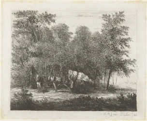 Landschaft mit Mann bei vollgeladenem Wagen und eingespanntem Pferd