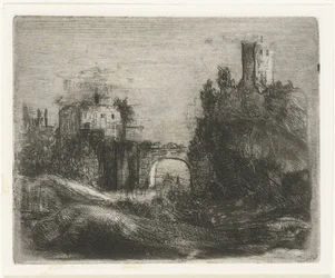 Südliche Landschaft mit Tor und Turm auf Felsen