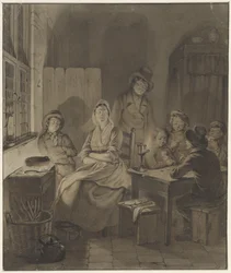 Interieur mit Gruppe von Menschen um einen Tisch bei Kerzenlicht
