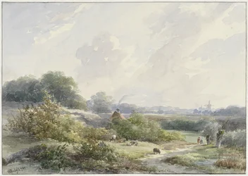 Landschaft mit Bauernhof und Vieh