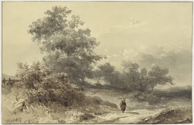 Landschaft mit Gebüsch und einer Figur auf einem Feldweg