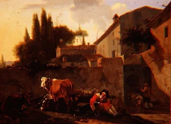 Ein Hirte und Vieh im Hof eines italienischen Bauernhofs