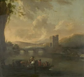 Eine Fähre überquert einen Fluss, ca. 1640