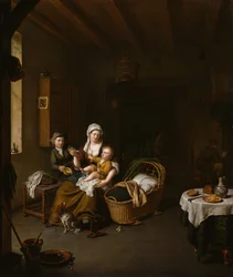 Eine Mutter füttert ihr Kind Die glückliche Mutter, 1707