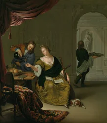 Die vernachlässigte Laute Eine Dame mit einer Laute, die in einem reichen Innenraum Wein trinkt