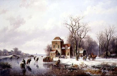 Winterszene mit einem Pferd und Wagen auf einem Weg