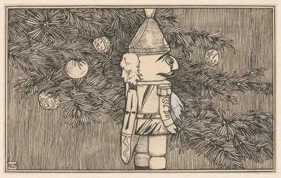 Nussknacker in einer Husarenuniform bei einem Weihnachtsbaum