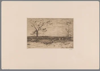 Landschaft mit kahlen Bäumen und Holzfällern