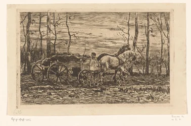 Wagen mit Brennholz, gezogen von zwei Pferden