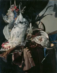 Stilleben mit erlegten Vögeln und Jagdgeräten