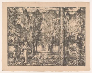 Frau und Widder im ummauerten Garten