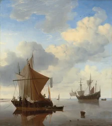 Eine ruhige See - ein Smalschip und eine Kaag vor Anker mit einem englischen Kriegsschiff im Hintergrund