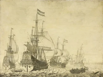 Seestück mit niederländischen Kriegsschiffen, darunter die Drenthe und der Prinz Friedrich-Henry, ca. 1670